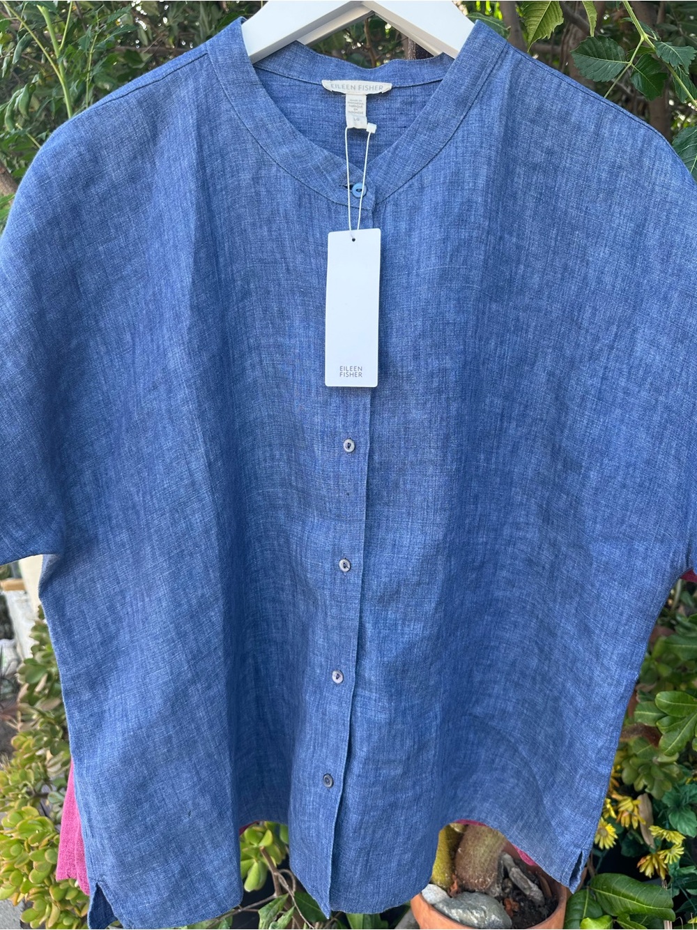 Eileen Fisher Blue Blueberry Organic Linen Short-Sleeve Button-Front Top